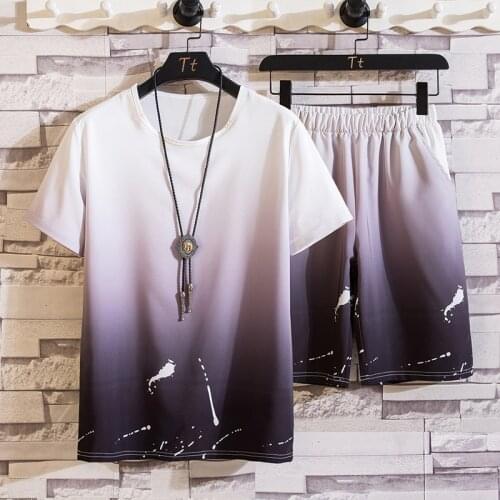 Summer Beach Short Sleeve T-Shirt + Knee-Length Pants Suit Casual Shorts Sportwear Gradient Color Print Top Mens Two Piece Set