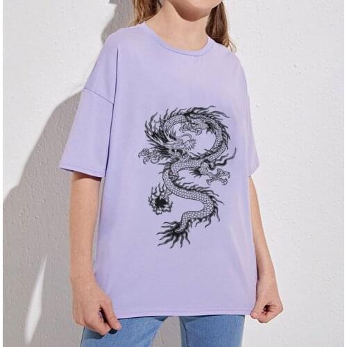 New T-shirts Girls Drop Shoulder Chinese Dragon Print Tee Girls Clothes Kawaii T Shirt Women Retro Baby Boys Tee Shirt Popular