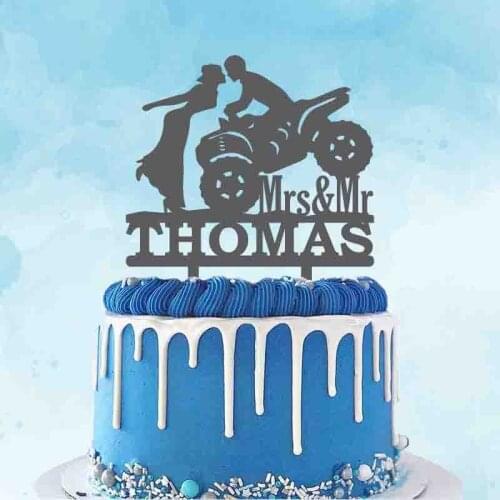 Groom Driving ATV Kissing Bride Personalized Mr Mrs Name Bride and Groom Cake Topper For Beach Wedding Party Cake Decoration