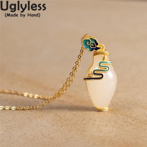 Uglyless Natural Jade Vases Pendants for Women Eastern Poetic Ethnic Jewelry 925 Silver Flowers Necklaces NO Chains Gold Bijoux