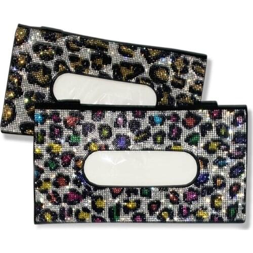 R3MD Fashion Car Sun Visor Leopard Grain Tissue Box Hanging Crystal Sparkling Crystal Napkin Holder Paper Towel Cover