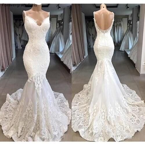 Mermaid Spaghetti Strips Wedding Dresses Vintage Lace Backless Girls Wear Formal Bridal Gowns Custom Made Plus Size Available