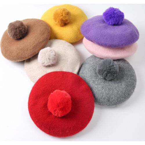 Children Pompoms Beret Hat Solid Color Octagonal Cap Girls Winter Wool Painter Hats For 1-3 Years Kids