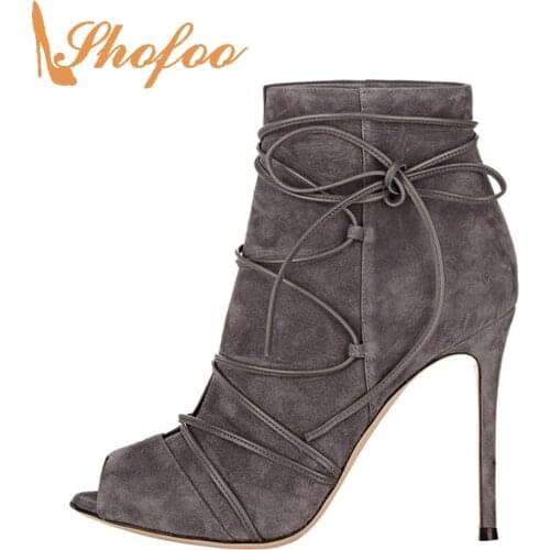 2021 Shofoo Women Fashion Ankle Boots Genuine Leather Heels Shoes Cross_tied Peep Toe For Woman Spring&Autumn,Plus Size 44 12 13