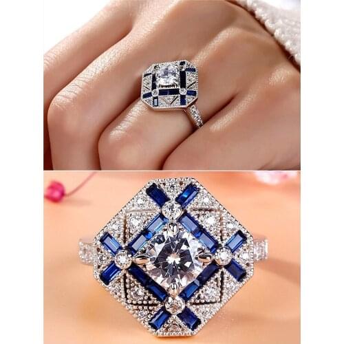 Topaz Gemstones Diamonds Geometric Rings for Women 18k White Gold Silver Color Bague Jewelry Blue Crystal Trendy Bands Accessory