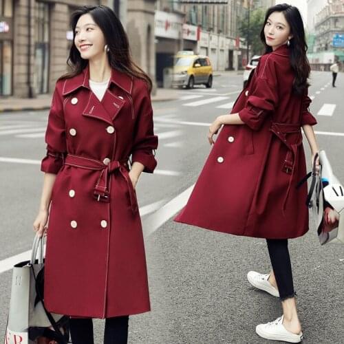 Trench Coat for Women 2020 Streetwear Turn-down Collar Slim Fit Double Breasted Autumn Lady Long Coat Office Clothing Outerwear
