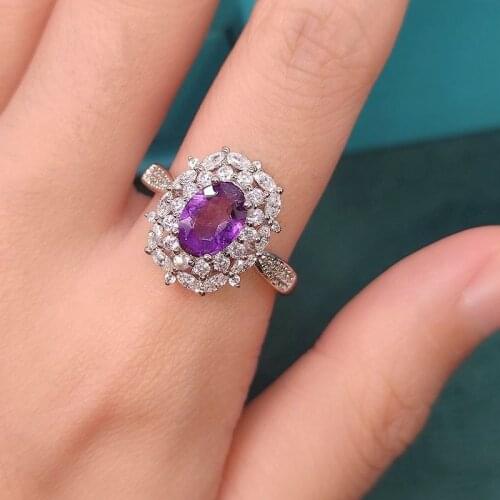 925 Silver New Luxury Inlaid Full Diamond Color Stone Ring Simulation Natural Purple Crystal Adjustable For Women Fine Jewelry