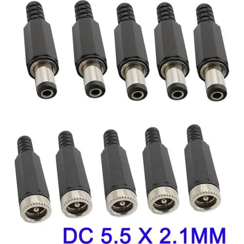10Pcs 5.5mm x 2.1mm DC Wire Connector 5.5*2.1mm DC Power Supply Plastic Male Plug Female Socket Soldered Adapter for DIY Project