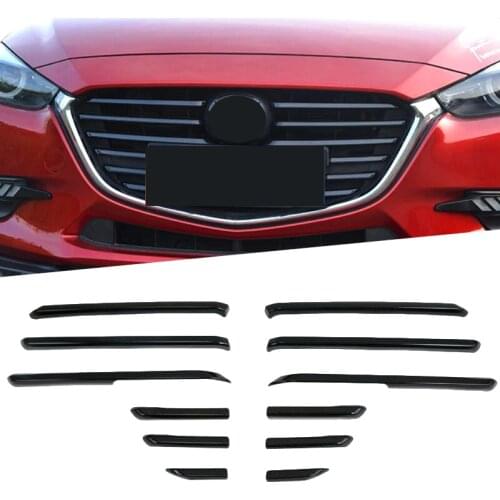 ABS Chrome Carbon Fiber Style Front Central Grille Grill Plate Strip Cover Trim 12 Pcs Fit For Mazda 3 2017 2018 Exterior Kit