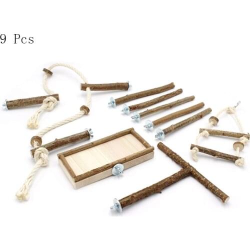 9 Pcs Parrot Stand Rod Natural Wood Playground Play Toys Set Perch Sleep Swing Pole Rope Bridge Cage Accessories Frame Feeding