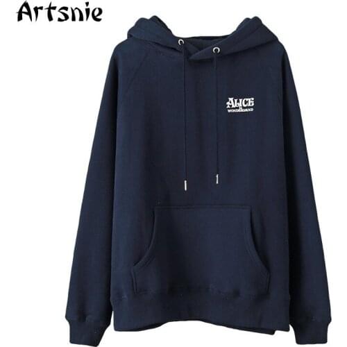 Artsnie Disney Alice Letter Sweatshirt Women Winter Hooded Drop Shoulder Navy Blue Hoodies Streetwear Oversized Sweatshirts