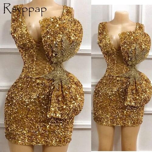 Sparkly Deep V-neck Gold Sequined Bow African Black Girls Short Prom Dresses 2021