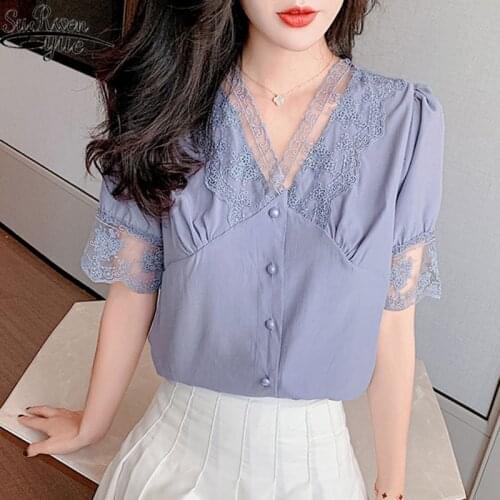 Blusas 2021 Summer Tops Lace Chiffon Blouse Women Solid V-neck Short Sleeve Womans Shirts Button Fashion Women Clothing 10022