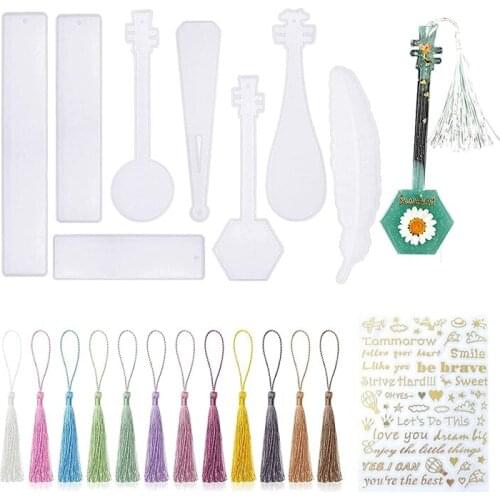 BMBY-33Pcs Bookmark Resin Mold Kit with Colorful Tassels,Epoxy Resin Silicone Molds for DIY Resin Casting Bookmarks