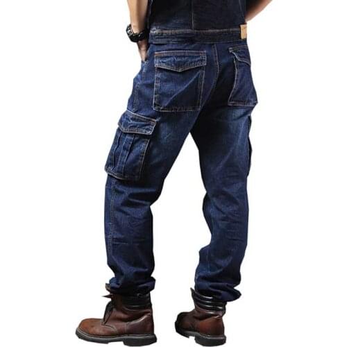 Big Pocket Denim Jeans Men Casual Cargo Pants Military Style Loose Baggy Cotton Trousers Plus Size Joggers Man Clothes