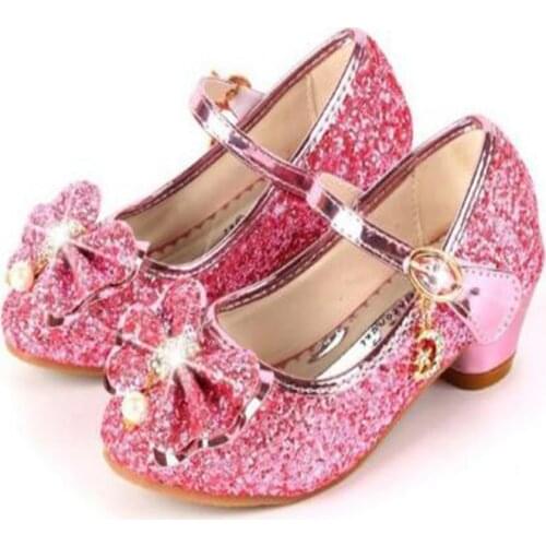Princess Kids Leather Shoes For Girls Flower Casual Glitter Children High Heel Girls Shoes Butterfly Knot Blue Pink Silver