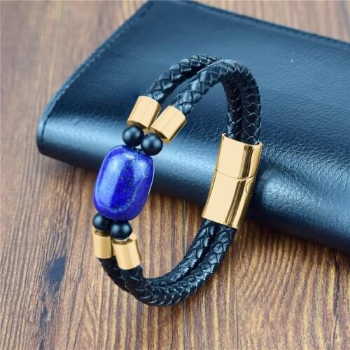 Exclusive Wrap Bracelets with Natural Stones Lapis Lazuli Leather Strap Woven Beads Bracelets Stainless Steel Bangle Jewelry