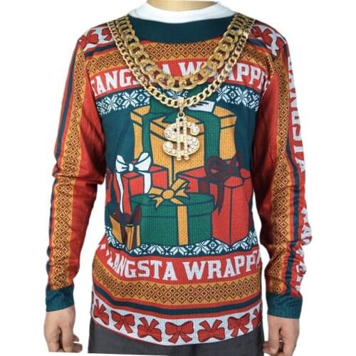 Funny 3D Print Gangsta Wrapper Ugly Christmas T Shirt for Men Tacky Mens Festival Holiday Long Sleeve Ugly Xmas Party Tshirts