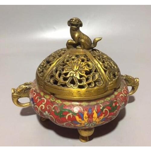 Chinese Brass Carved Cloisonne Incense Burner Hollow Out Lion Dog Censer Gift Home Decoration