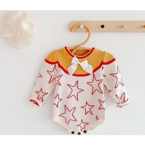 Baby Girls Bodysuits Star Print Knitted Long Sleeve Toddler Girl Sweater Jumpsuit Baby Girls Clothes
