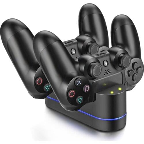 KYVG DC 5V LED Indicator Dual USB Controller Fast Charging Station Dock Charger & 4 Thumbstick Caps for Sony Playstation 4 PS4