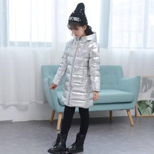 Fashion Girls Clothing Winter Down Parkas For 4 5 6 7 8 9 10 12 13 Year Girls Hooded Thick Silver Color Children Jackets Coats