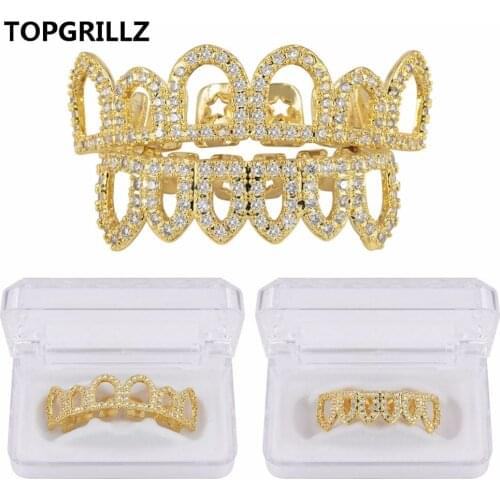 TOPGRILLZ Pure GOLD Color Plated Hip Hop Micro Pave CZ Fang Hollow Top & Bottom GRILLZ Vampire Teeth Grills Set