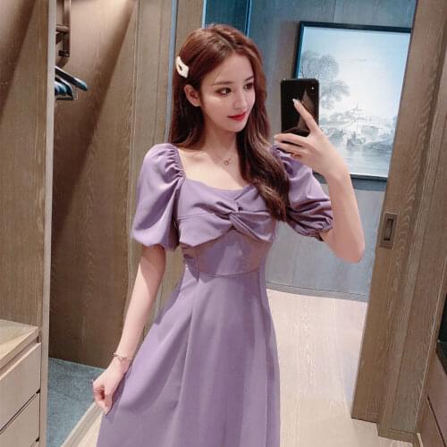 2021 Summer New Style Purple Black Fairy Sweet Bow Knot Square Collar French Retro Waist Mid-length Party Cocktail Dresses 7540