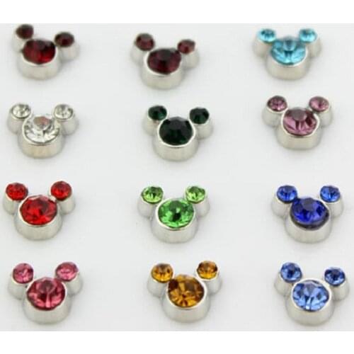 Birthstone Floating Charms Rhinestone Mouse Head 12 Mix Colors Charms Fit Living Locket 120pcs