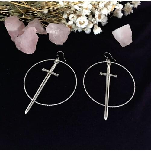 Silver Plated Sword Hoop Earrings,Large Sword Earrings,Witchy Earrings,Medieval Earrings,Statement Earrings,Sword Pendants