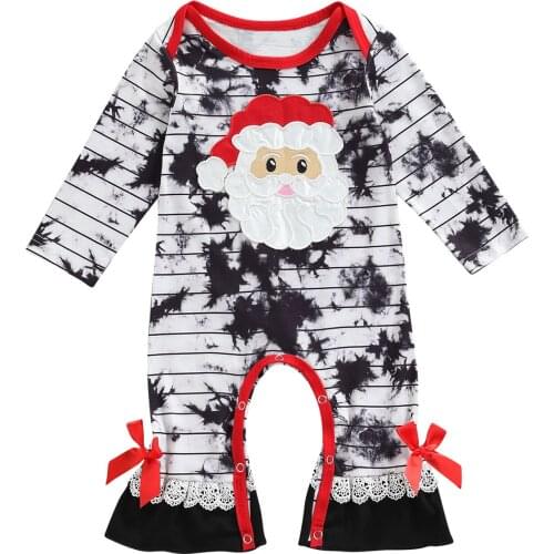 FOCUSNORM Xmas Baby Girls Boys Lovely Jumpsuits 0-24M Santa Printed Striped Ruffles Long Sleeve Flare Pants Romper