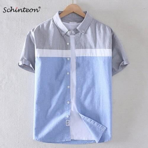 2020 Schinteon Men Summer 100% Cotton Shirt Oxford Short sleeved Smart Casual Slim Patchwork Shirt Turn-down Collar New
