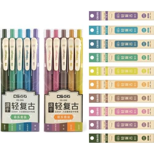 Retractable Retro Color Gel Pen Quick Dry Ink 0.5mm Pen for Planner Drawing School Office Stationery with Refills