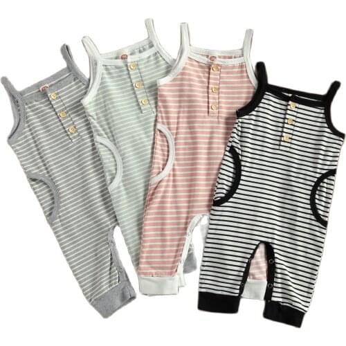 Wallarenear 0-18M Infant Baby Girl Boy Romper Sleeveless Striped Printed Jumpsuit With Pocket Clothing 4Colors