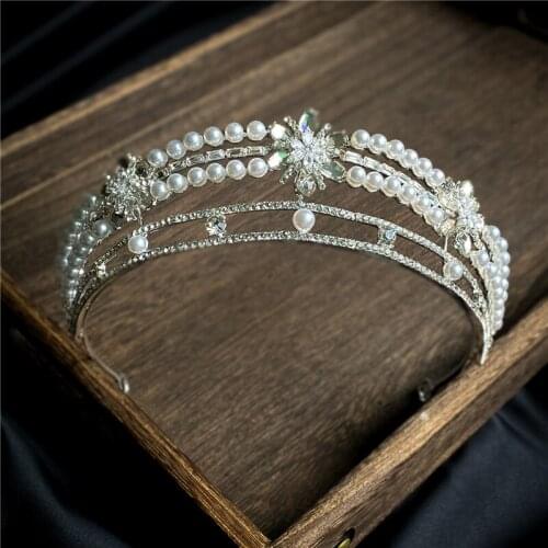 Korean Bride Crown Elegant Pearl Crown Rhinestone Headband Wedding Accessories Women Hairbands HQ0160