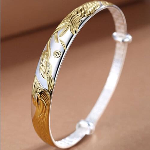 Womens Sterling Silver Bracelet Gilt Gold And Silver Dragon Phoenix Adjustable Two-Color Bracelet Lasting Gift Jewelry