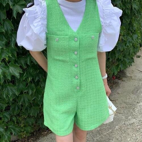 Korea Chic Summer Western Style V-Neck Chic Buttons Loose Pockets Sleeveless Tweed Jumpsuit Shorts Women