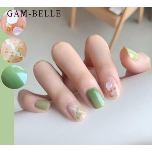 GAM-BELLE 24Pcs Marble Pattern Fake Nails with Glue Spring Summer Green French Full Cover False Press On Nails Decoration