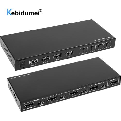 4 Ports KVM Switcher 4 IN 1 Out HDMI-compatible Switch Splitter for Sharing Monitor Keyboard Mouse Adaptive EDID/HDCP Decryption