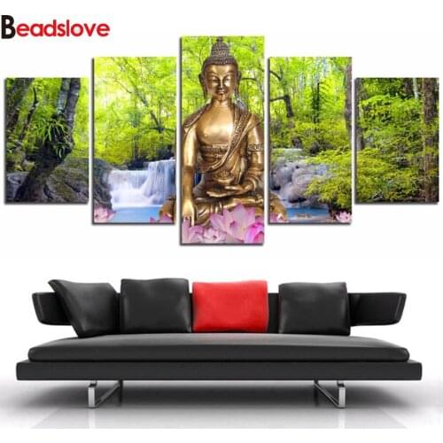 5 Pieces Waterfall Lotus Buddha DIY Diamond Painting Full Square Diamond Embroidery Cross Stitch Rhinestones Diamond Mosaic sale