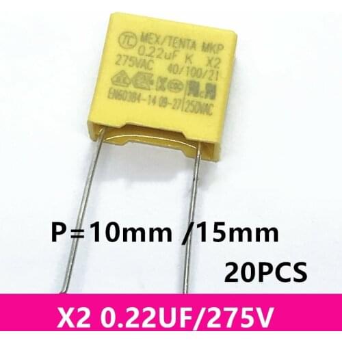 50PCS/LOT X2 safety capacitor 0.22UF/275V Pitch P=10mm 15mm 220NF straight plug 275VAC224K