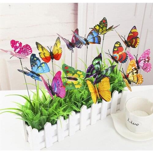 50PCS PVC Simulation Butterfly Rods Green Plant Decoration Figurines Plastic Crafts for Flowerpot Vase Garden Bonsai 25X7cm