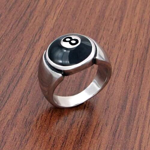 Free Shipping Punk 316L Stainless Steel Number Black 8 Eight Pool Billiard Ball Gear Ring Jewelry