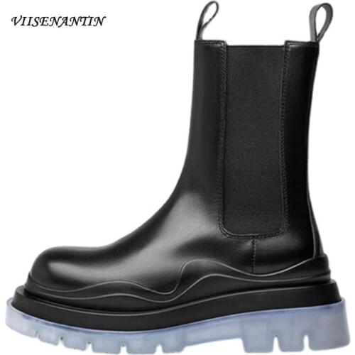 Round Thick Bottom First Layer Cowhide Elastic Elastic Band Stitching Martin Boots Retro Chelsea Boots Men and Women Boots