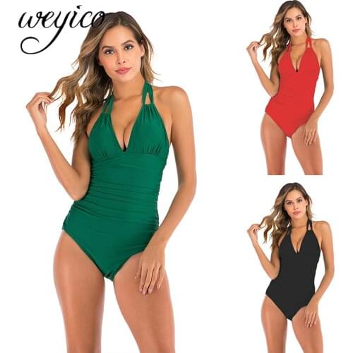 One Piece Sexy Women Swimwear Solid Push Up Bathing Suit Deep V Beachwear Brazilian Female Halter Bodysuit Monokini Swimsuit XXL