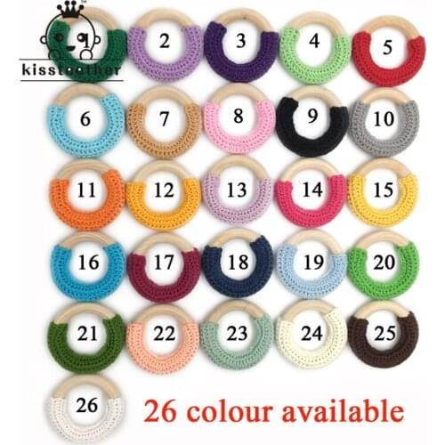 26pcs 5cm(1.97'')Wood Teether Baby Teething Toy Natural Maple Cotton Wooden Ring Charms Chunky Crochet Ring Baby Teether