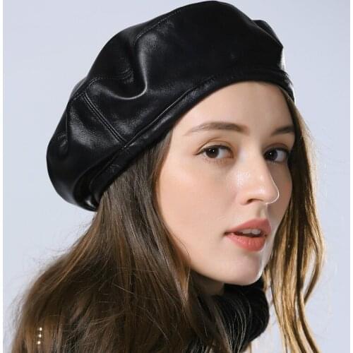 Exclusive 2020 Winter Women Simple Eengland Style Genuine Leather Black Beanies Hat Female Beret Jazz Painter Caps 55-58 cm