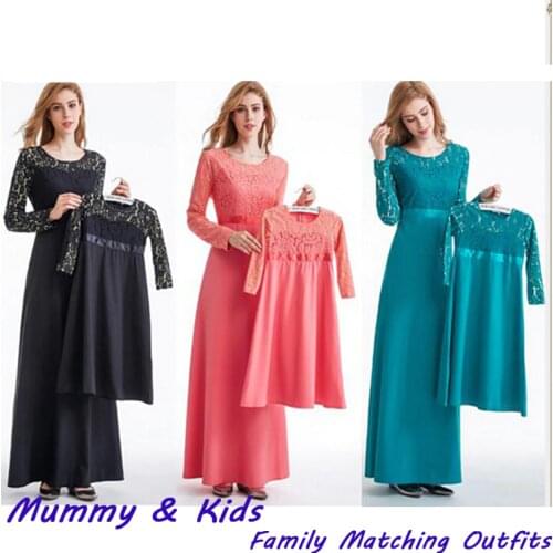 Elegant Muslim Lace Abaya Mother Kids Maxi Dress Girls Long Robe Gowns Child Cardigan Kimono Jubah Ramadan Arab Islamic Clothing