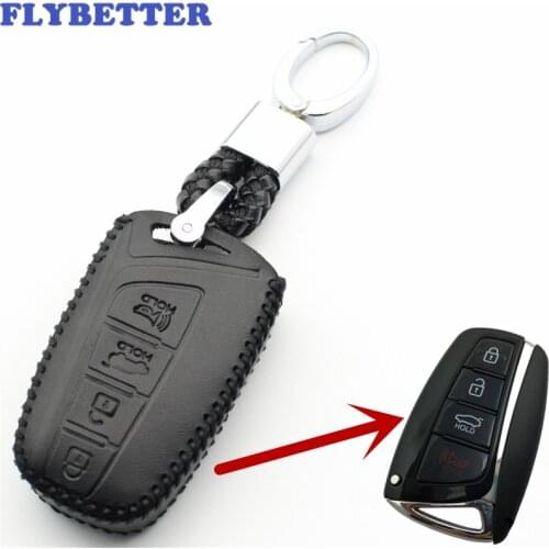FLYBETTER Genuine Leather KeyChain 4Button Smart Key Case Cover For Hyundai SantaFe/Equus/Azera/Genesis Car Styling L223