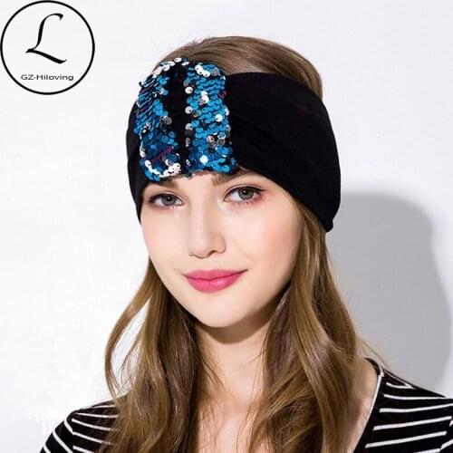 GZHILOVINGL 2018 fashion women stretch cotton reversible mermaid sequin headband wide womens girls glitter headbands headwear